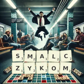 Kreatywna ilustracja do gry w Scrabble ze słowem SMALCZYKOM ułożonym z płytek na planszy.