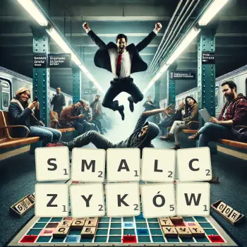 Kreatywna ilustracja do gry w Scrabble ze słowem SMALCZYKÓW ułożonym z płytek na planszy.