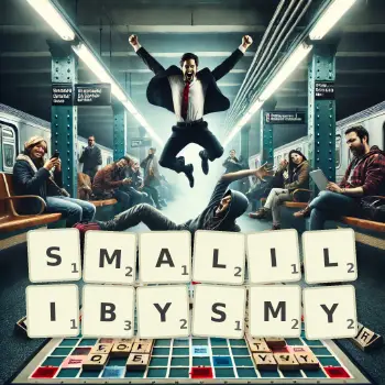 Kreatywna ilustracja do gry w Scrabble ze słowem SMALILIBYSMY ułożonym z płytek na planszy.