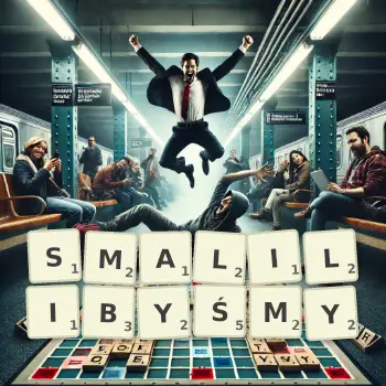 Kreatywna ilustracja do gry w Scrabble ze słowem SMALILIBYŚMY ułożonym z płytek na planszy.