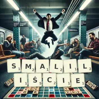 Kreatywna ilustracja do gry w Scrabble ze słowem SMALILIŚCIE ułożonym z płytek na planszy.