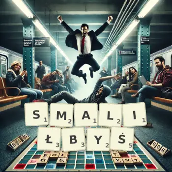 Kreatywna ilustracja do gry w Scrabble ze słowem SMALIŁBYŚ ułożonym z płytek na planszy.