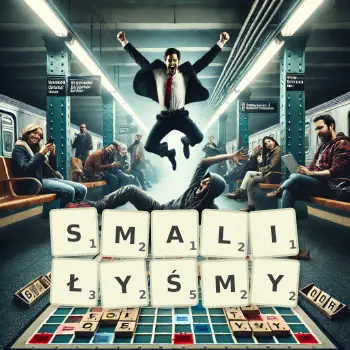Kreatywna ilustracja do gry w Scrabble ze słowem SMALIŁYŚMY ułożonym z płytek na planszy.