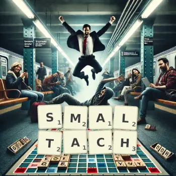 Kreatywna ilustracja do gry w Scrabble ze słowem SMALTACH ułożonym z płytek na planszy.