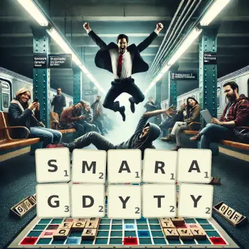 Kreatywna ilustracja do gry w Scrabble ze słowem SMARAGDYTY ułożonym z płytek na planszy.