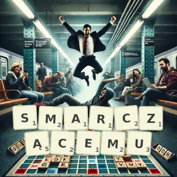 Kreatywna ilustracja do gry w Scrabble ze słowem SMARCZĄCEMU ułożonym z płytek na planszy.