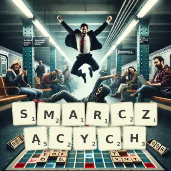 Kreatywna ilustracja do gry w Scrabble ze słowem SMARCZĄCYCH ułożonym z płytek na planszy.
