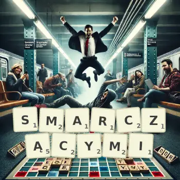 Kreatywna ilustracja do gry w Scrabble ze słowem SMARCZĄCYMI ułożonym z płytek na planszy.