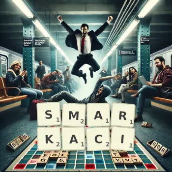 Kreatywna ilustracja do gry w Scrabble ze słowem SMARKACI ułożonym z płytek na planszy.