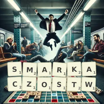 Kreatywna ilustracja do gry w Scrabble ze słowem SMARKACZOSTW ułożonym z płytek na planszy.