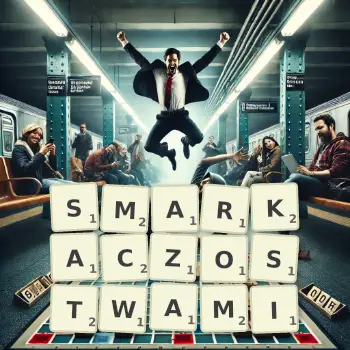 Kreatywna ilustracja do gry w Scrabble ze słowem SMARKACZOSTWAMI ułożonym z płytek na planszy.