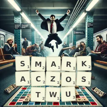 Kreatywna ilustracja do gry w Scrabble ze słowem SMARKACZOSTWU ułożonym z płytek na planszy.