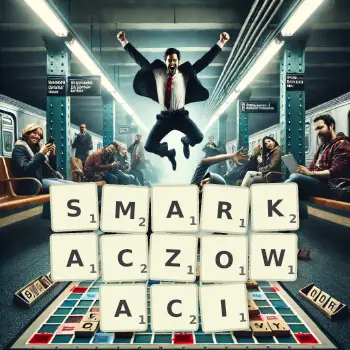 Kreatywna ilustracja do gry w Scrabble ze słowem SMARKACZOWACI ułożonym z płytek na planszy.