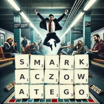 Kreatywna ilustracja do gry w Scrabble ze słowem SMARKACZOWATEGO ułożonym z płytek na planszy.