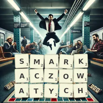 Kreatywna ilustracja do gry w Scrabble ze słowem SMARKACZOWATYCH ułożonym z płytek na planszy.