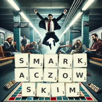 Kreatywna ilustracja do gry w Scrabble ze słowem SMARKACZOWSKIM ułożonym z płytek na planszy.
