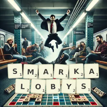 Kreatywna ilustracja do gry w Scrabble ze słowem SMARKALOBYS ułożonym z płytek na planszy.