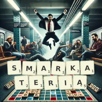 Kreatywna ilustracja do gry w Scrabble ze słowem SMARKATERIĄ ułożonym z płytek na planszy.