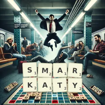 Kreatywna ilustracja do gry w Scrabble ze słowem SMARKATY ułożonym z płytek na planszy.