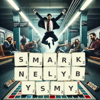 Kreatywna ilustracja do gry w Scrabble ze słowem SMARKNELYBYSMY ułożonym z płytek na planszy.