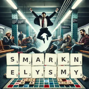 Kreatywna ilustracja do gry w Scrabble ze słowem SMARKNELYSMY ułożonym z płytek na planszy.