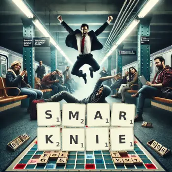 Kreatywna ilustracja do gry w Scrabble ze słowem SMARKNIE ułożonym z płytek na planszy.