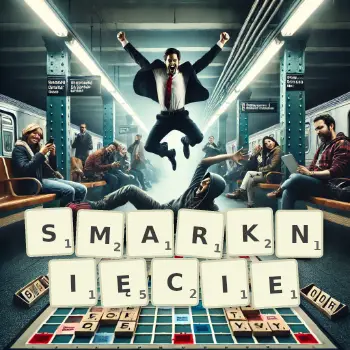 Kreatywna ilustracja do gry w Scrabble ze słowem SMARKNIĘCIE ułożonym z płytek na planszy.