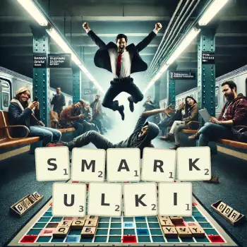 Kreatywna ilustracja do gry w Scrabble ze słowem SMARKULKI ułożonym z płytek na planszy.