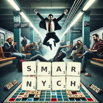 Kreatywna ilustracja do gry w Scrabble ze słowem SMARNYCH ułożonym z płytek na planszy.