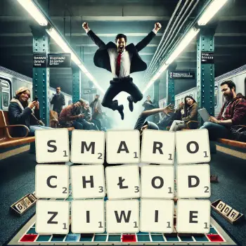 Kreatywna ilustracja do gry w Scrabble ze słowem SMAROCHŁODZIWIE ułożonym z płytek na planszy.