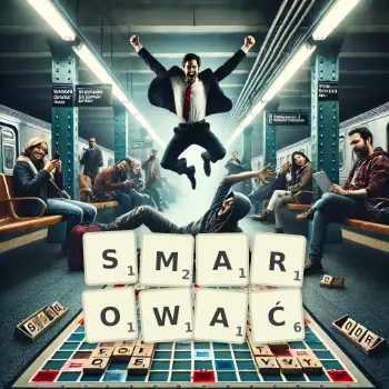 Kreatywna ilustracja do gry w Scrabble ze słowem SMAROWAĆ ułożonym z płytek na planszy.