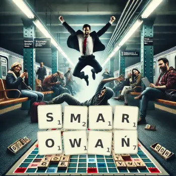Kreatywna ilustracja do gry w Scrabble ze słowem SMAROWAŃ ułożonym z płytek na planszy.