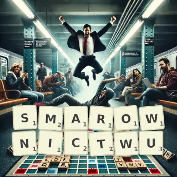 Kreatywna ilustracja do gry w Scrabble ze słowem SMAROWNICTWU ułożonym z płytek na planszy.