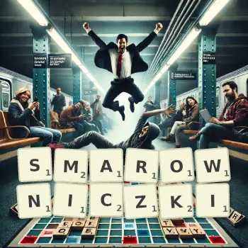 Kreatywna ilustracja do gry w Scrabble ze słowem SMAROWNICZKI ułożonym z płytek na planszy.