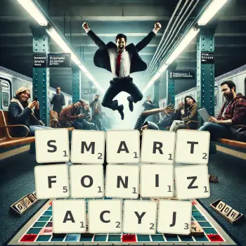 Kreatywna ilustracja do gry w Scrabble ze słowem SMARTFONIZACYJ ułożonym z płytek na planszy.
