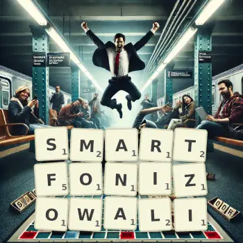 Kreatywna ilustracja do gry w Scrabble ze słowem SMARTFONIZOWALI ułożonym z płytek na planszy.