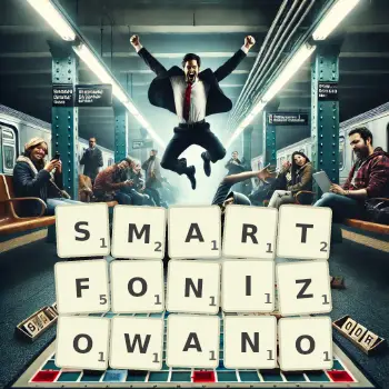 Kreatywna ilustracja do gry w Scrabble ze słowem SMARTFONIZOWANO ułożonym z płytek na planszy.