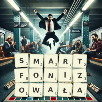 Kreatywna ilustracja do gry w Scrabble ze słowem SMARTFONIZOWAŁA ułożonym z płytek na planszy.