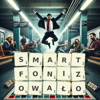 Kreatywna ilustracja do gry w Scrabble ze słowem SMARTFONIZOWAŁO ułożonym z płytek na planszy.