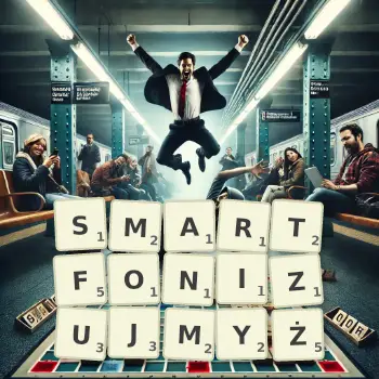Kreatywna ilustracja do gry w Scrabble ze słowem SMARTFONIZUJMYŻ ułożonym z płytek na planszy.