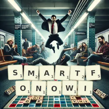 Kreatywna ilustracja do gry w Scrabble ze słowem SMARTFONOWI ułożonym z płytek na planszy.