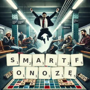 Kreatywna ilustracja do gry w Scrabble ze słowem SMARTFONOZĘ ułożonym z płytek na planszy.