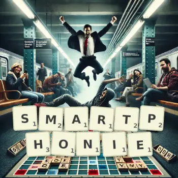 Kreatywna ilustracja do gry w Scrabble ze słowem SMARTPHONIE ułożonym z płytek na planszy.