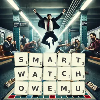 Kreatywna ilustracja do gry w Scrabble ze słowem SMARTWATCHOWEMU ułożonym z płytek na planszy.