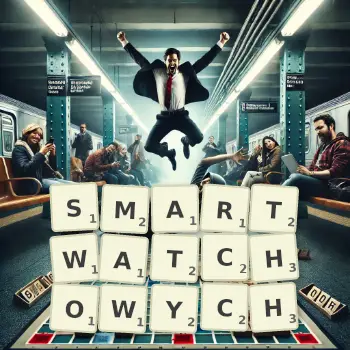 Kreatywna ilustracja do gry w Scrabble ze słowem SMARTWATCHOWYCH ułożonym z płytek na planszy.