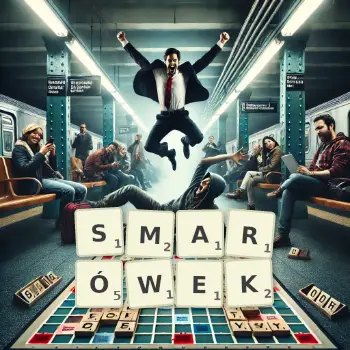 Kreatywna ilustracja do gry w Scrabble ze słowem SMARÓWEK ułożonym z płytek na planszy.