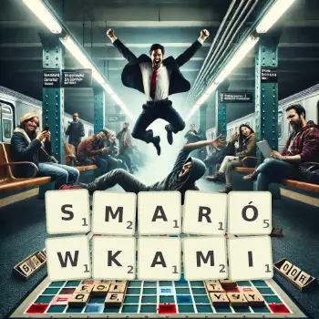 Kreatywna ilustracja do gry w Scrabble ze słowem SMARÓWKAMI ułożonym z płytek na planszy.