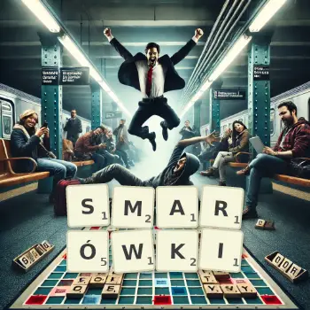 Kreatywna ilustracja do gry w Scrabble ze słowem SMARÓWKI ułożonym z płytek na planszy.