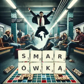 Kreatywna ilustracja do gry w Scrabble ze słowem SMARÓWKĄ ułożonym z płytek na planszy.