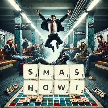 Kreatywna ilustracja do gry w Scrabble ze słowem SMASHOWI ułożonym z płytek na planszy.